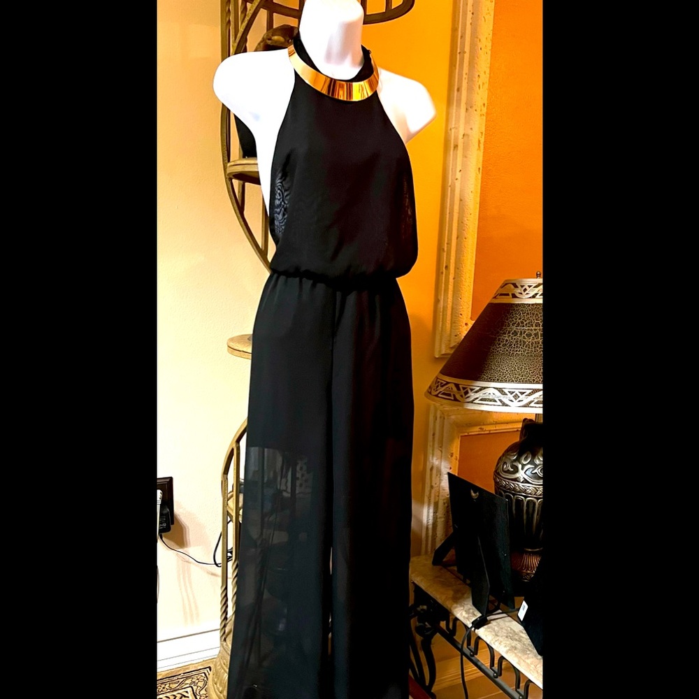 UK2LA Stunning Halter Neck See Thru Black Palazzo Jumpsuit w/Gold Necklace L